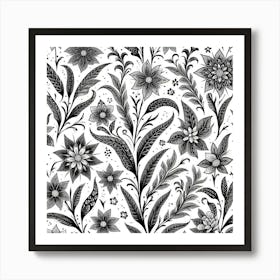 Batik, Black And White Floral Pattern 2 Art Print