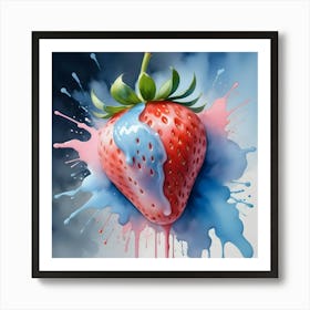 A Single, Large Strawberry With Pink And Blue Sauce Dripping Down The Sides, Set Against A Background Of Colorful Watercolor Splashes Art Print