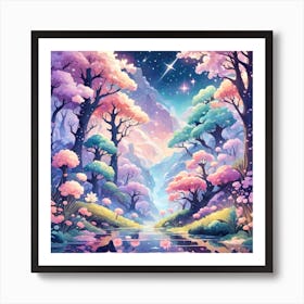 A Fantasy Forest With Twinkling Stars In Pastel Tone Square Composition 175 Art Print