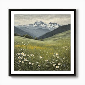 Vintage Oil Painting of Wild Flowers in a Meadow, Mountains in the Background 22 Art Print