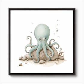 Sleepy Storybook Style Octopus On The Rocks 2 Art Print