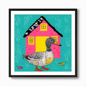 Duckling Outside A House Linocut Style 4 Art Print