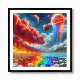 A Red Cloud, Blue Rainbow And Fiery Planets Melting Over A Field Of Daisies 4 Art Print