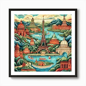 Paris, Featuring Pastel Landmarks, Travel Posters A Retro-Inspired Travel Posters Showcasing Iconic Destination Art Print