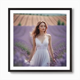 Beautiful Woman In White Dress In A Lavander Field 0 1 Art Print