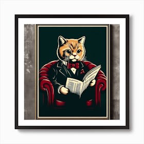 Humorous and Vintage - Graphic Wall Art of a Cat on a Sofa and Reading a Newspaper Art Print