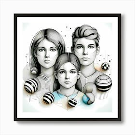 Sisters and Brother - Abstract Line Art Illustration 155 Art Print