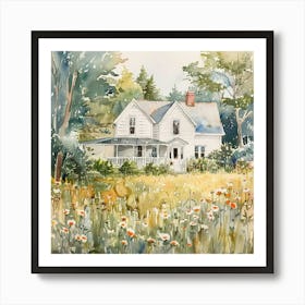 The Farmhouse and Summer Flowers Meadow Watercolor Art Print~ Americana Vintage Wholesome Art Decor | Dreamy Idyllic Art Print