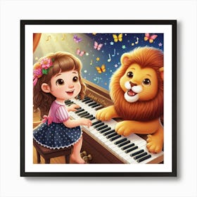 Little Girl Playing Piano With Lion Art Print