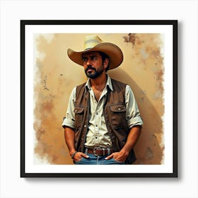 Spanish Man With A Rustic Background, Watercolor With Rugged Textures 1 Art Print