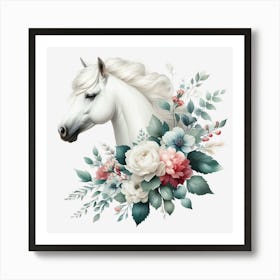 White Horse With Flowers Art Print