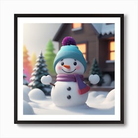 Snowman In Front Of House Art Print