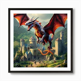 Dragon Flying Over A Castle Art Print