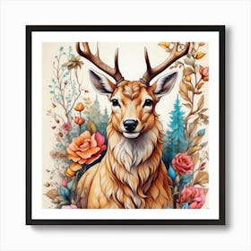 Deer With Flowers Art Print