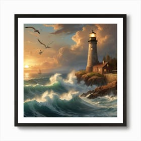 Albedobase Xl Majestic Lighthouse On Rocky Cliff Crashing Wave 3 Art Print