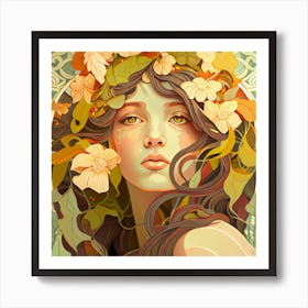 Girl With Flowers On Her Head Art Print
