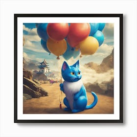 Blue Cat With Balloons Art Print