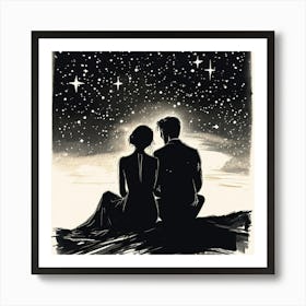 Love At First Sight, A Single Elegant Line Drawing Of A Men And Woman Art Of Sitting To Gather Alone Back Side Pose , Starry Night Art Print