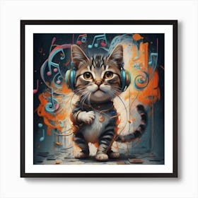 Cat With Headphones Art Print