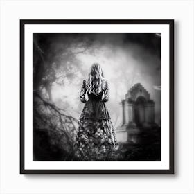 Gothic portrait of a woman standing in a cemetery. Art Print