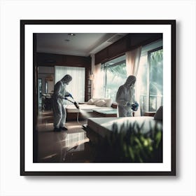Housekeeping Staff Doing Deep Clean for Room And sanitizing.  Art Print