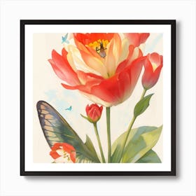Tulip Rose With A Butterfly Standing On I 1 Art Print