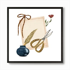Letter writing feather pen and scissor Art Print