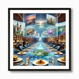 A Futuristic Restaurant Setting With Holographic S Art Print