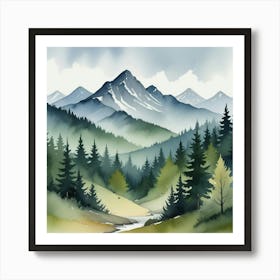 Mountain And Forest In Minimalist Watercolor Horizontal Composition Art Print 3 Art Print