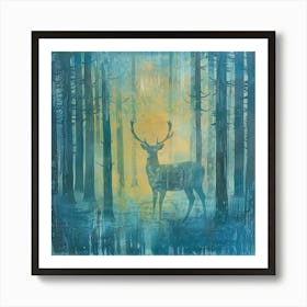 Deer in Misty Forest Series. Style of Hockney. 4 Art Print