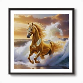 Golden Horse In The Ocean Art Print