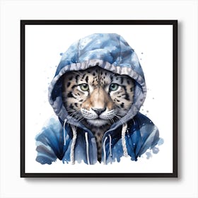 Watercolour Cartoon Snow Leopard In A Hoodie 1 Art Print