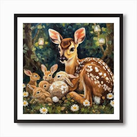 Fawn And Rabbits Fairycore Painting 2 Art Print