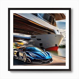 Blue Sports Car Driving Past A Ship Art Print