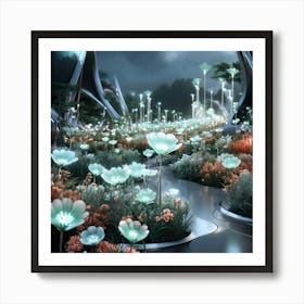 A Futuristic Garden Filled With An Array Of Bioluminescent Flowers In Shades Of Soft Pale Blue Mint Art Print