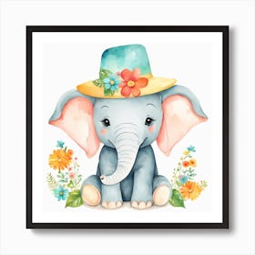 Floral Baby Elephant Nursery Illustration (2) Art Print