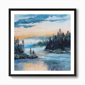 Watercolor Landscape Forest Lake Square Art Print