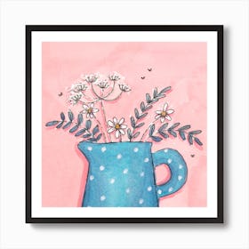 Spotty Blue Jug With Daisies And Cowparsley Square Art Print