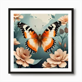 Wings of Serenity: Illustration Of A Butterfly With Flowers Art Print