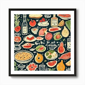 Seamless Pattern With Fruits And Vegetables, Foodie Traveler A Delicious Featuring Iconic Dishes From Different Countries Art Print