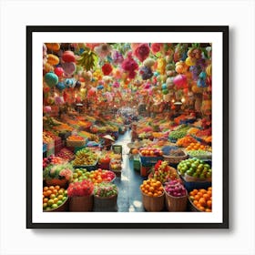 A vibrant and bustling market filled with colorful fruits and flowers.2 Art Print