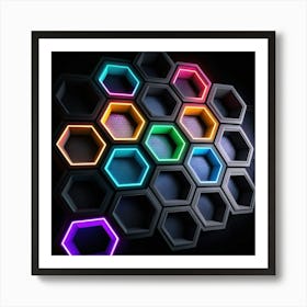 Hexagonal shapes with neon lights, futuristic, cyberpunk, background 5 Art Print