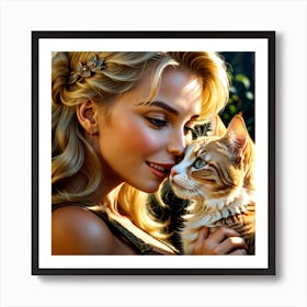 Portrait Of A Woman With A Cat Art Print