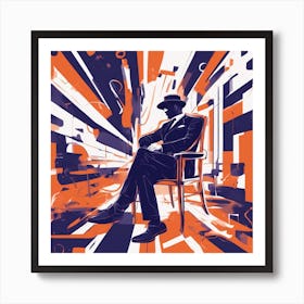 Drew Illustration Of Man On Chair In Bright Colors, Vector Ilustracije, In The Style Of Dark Navy An Art Print