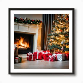 Christmas Presents In Front Of Fireplace 7 Art Print