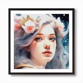 Girl With Flowers In Her Hair Art Print