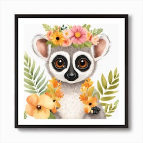 Floral Baby Lemur Nursery Illustration (1) Art Print