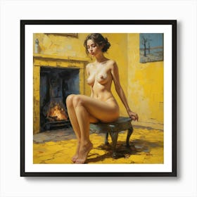 Nude Woman Sitting On A Chair in Yellow room Art Print