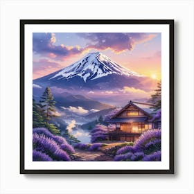 Mount Fuji Landscape and Wooden Japanese Cabin Art Print