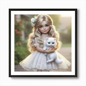 Little Girl With A White Cat Art Print